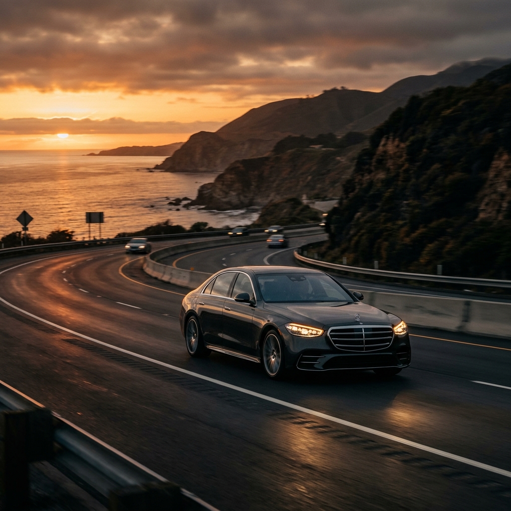 Premium luxury sedan on a Chhattisgarh highway at golden hour